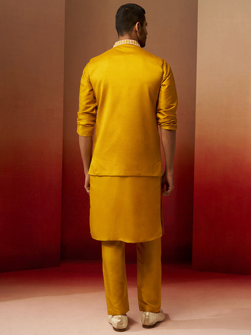 Men Mustard Silk 3-Piece Nehru Jacket Set